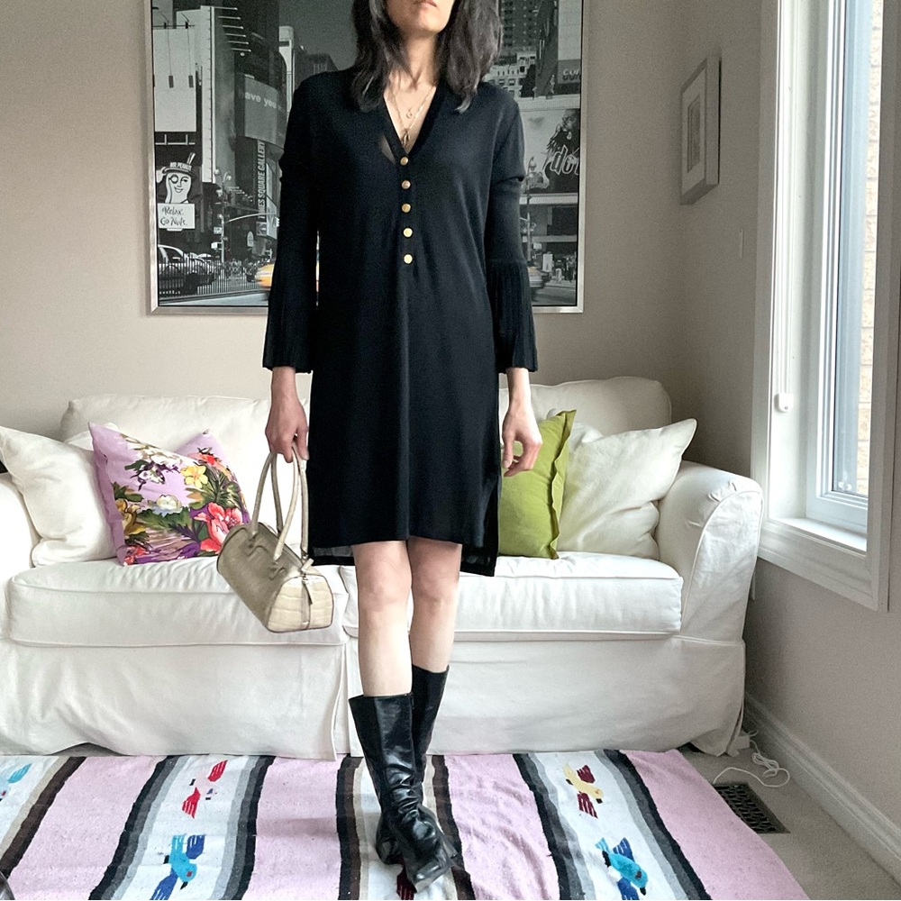 Salvatore Ferragamo black knit dress with pleated bell sleeves